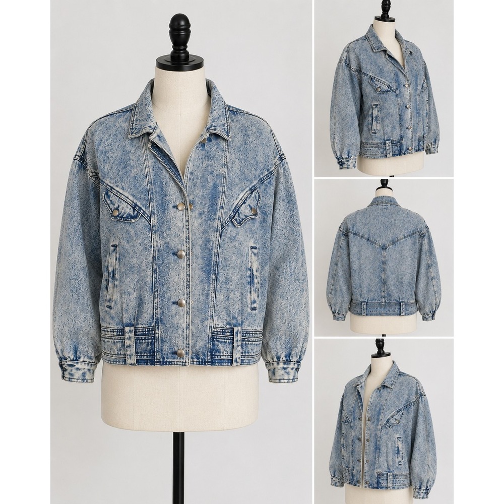 Vintage Acid Wash Denim Trucker Jacket Blue Snap Front Women's Large